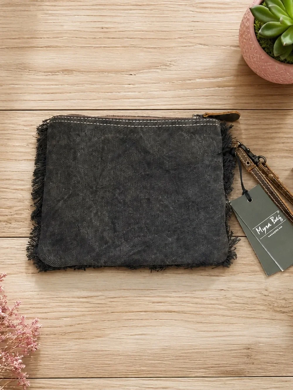 Myra Bag Gray & Brown Patterned Hair-On Leather Wristlet